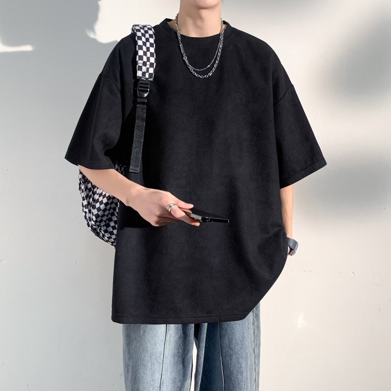 Suede Heavy Short T-Shirt Mens Summer Solid Color Duffy Handsome Trendy Brand Mens Half Sleeve Round Neck T-Shirt Clothes Brown  - Image 4