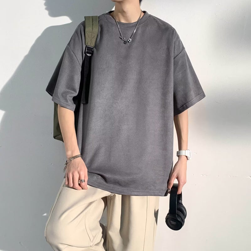 Suede Heavy Short T-Shirt Mens Summer Solid Color Duffy Handsome Trendy Brand Mens Half Sleeve Round Neck T-Shirt Clothes Brown  - Image 3