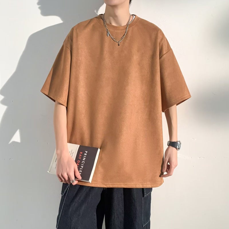 Suede Heavy Short T-Shirt Mens Summer Solid Color Duffy Handsome Trendy Brand Mens Half Sleeve Round Neck T-Shirt Clothes Brown  - Image 2