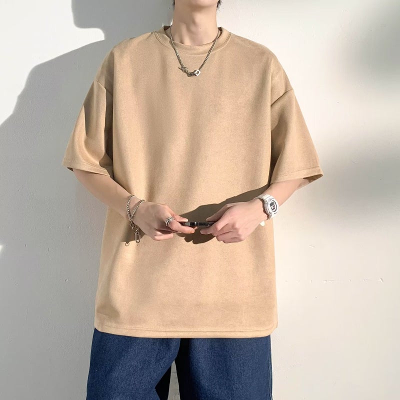 Suede Heavy Short T-Shirt Mens Summer Solid Color Duffy Handsome Trendy Brand Mens Half Sleeve Round Neck T-Shirt Clothes Brown  - Image 1