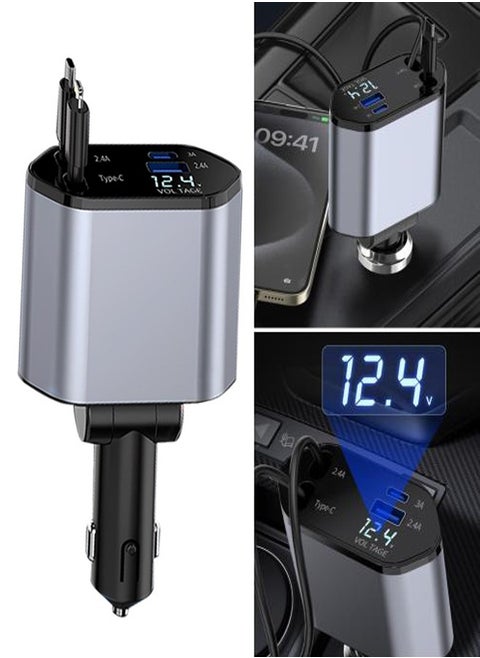 4-in-1 Car Charger with Apple and Type-C Retractable Data Cable, 2 USB Ports, Smart Fast Charging, Multiple Protection Systems
