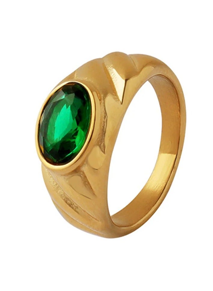 The Black Pearl Accessories Green Zirconic Stainless Steel Golden Ring ٍ Size 8  - Image 1
