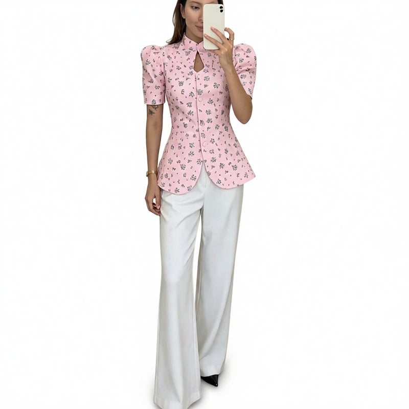 Women's Casual Printed Single-Breasted Stand Collar Shirt