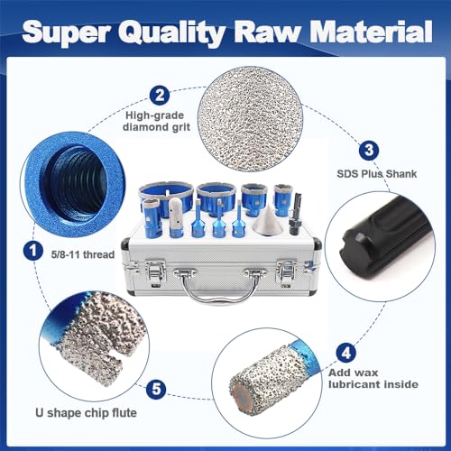 BRSCHNITT Diamond Core Drill Bit Set - 6/6/8/25/35/50/75/100mm Tile Hole Saw Kit for Porcelain Tile Ceramic Marble Granite Drilling&Chamfer Finger Bit&Adapter - Image 5