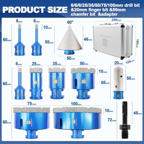 BRSCHNITT Diamond Core Drill Bit Set - 6/6/8/25/35/50/75/100mm Tile Hole Saw Kit for Porcelain Tile Ceramic Marble Granite Drilling&Chamfer Finger Bit&Adapter - Image 2