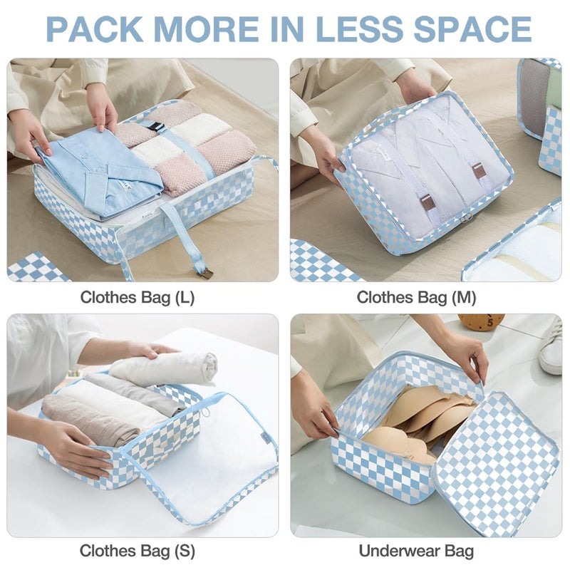 Hatisan 8 Set Packing Cubes for Suitcases,Packing Cubes with Shoe Bag, Cosmetics Bag, Clothing Bag, Accessories Bags Packing Cubes for Travel Luggage Organizer Women Men(Blue Checkered) - Image 4