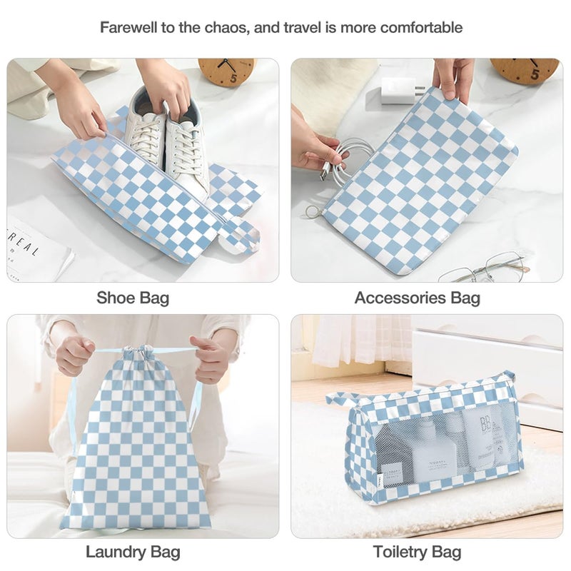 Hatisan 8 Set Packing Cubes for Suitcases,Packing Cubes with Shoe Bag, Cosmetics Bag, Clothing Bag, Accessories Bags Packing Cubes for Travel Luggage Organizer Women Men(Blue Checkered) - Image 5