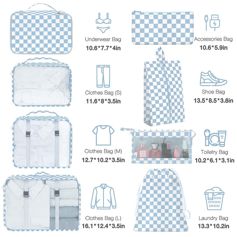 Hatisan 8 Set Packing Cubes for Suitcases,Packing Cubes with Shoe Bag, Cosmetics Bag, Clothing Bag, Accessories Bags Packing Cubes for Travel Luggage Organizer Women Men(Blue Checkered) - Image 2