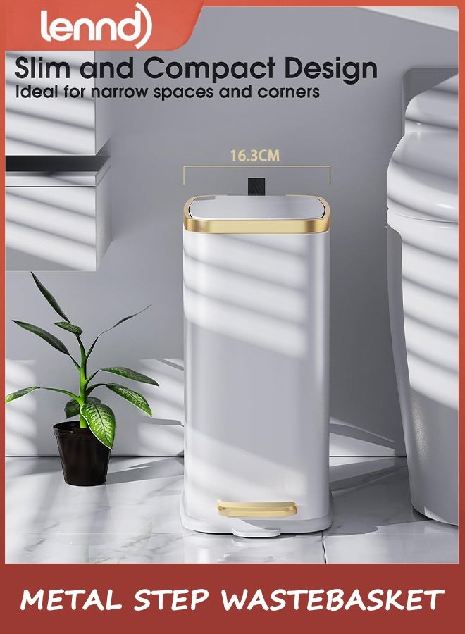 لينند سلة مهملات حمام صغيرة من LENND مع غطاء ناعم الإغلاق - سلة مهملات رفيعة سعة 5 لتر/1.3 جالون - سلة مهملات معدنية مستطيلة الشكل ضيقة للمكتب وغرفة النوم والمرحاض وغرفة المعيشة (أبيض) - Image 2