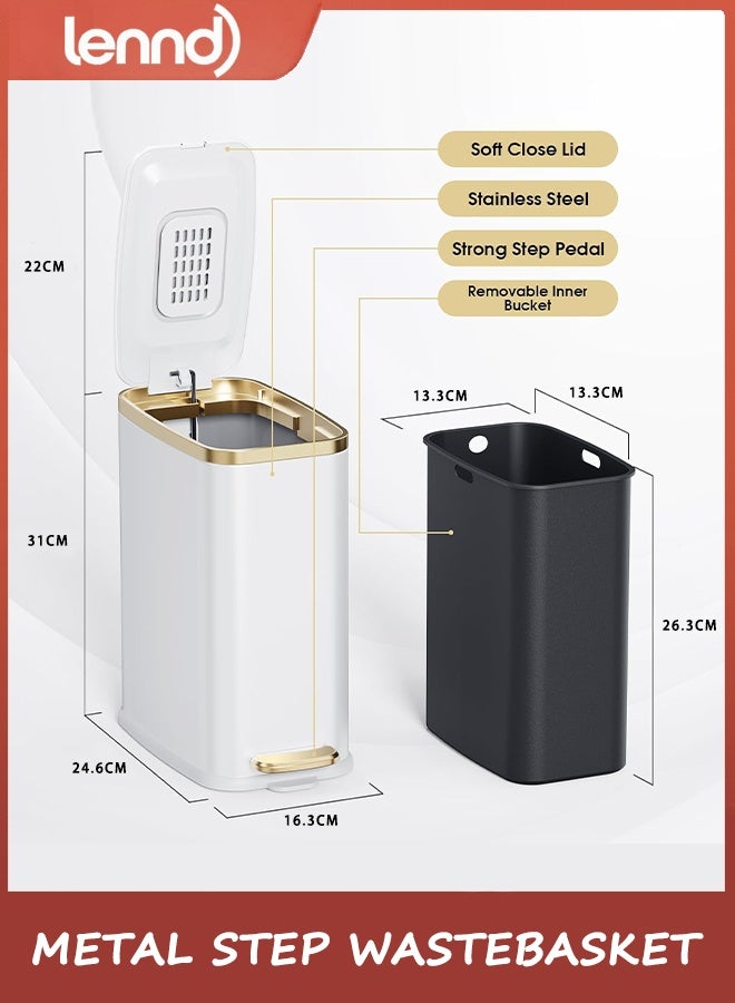 لينند سلة مهملات حمام صغيرة من LENND مع غطاء ناعم الإغلاق - سلة مهملات رفيعة سعة 5 لتر/1.3 جالون - سلة مهملات معدنية مستطيلة الشكل ضيقة للمكتب وغرفة النوم والمرحاض وغرفة المعيشة (أبيض) - Image 5