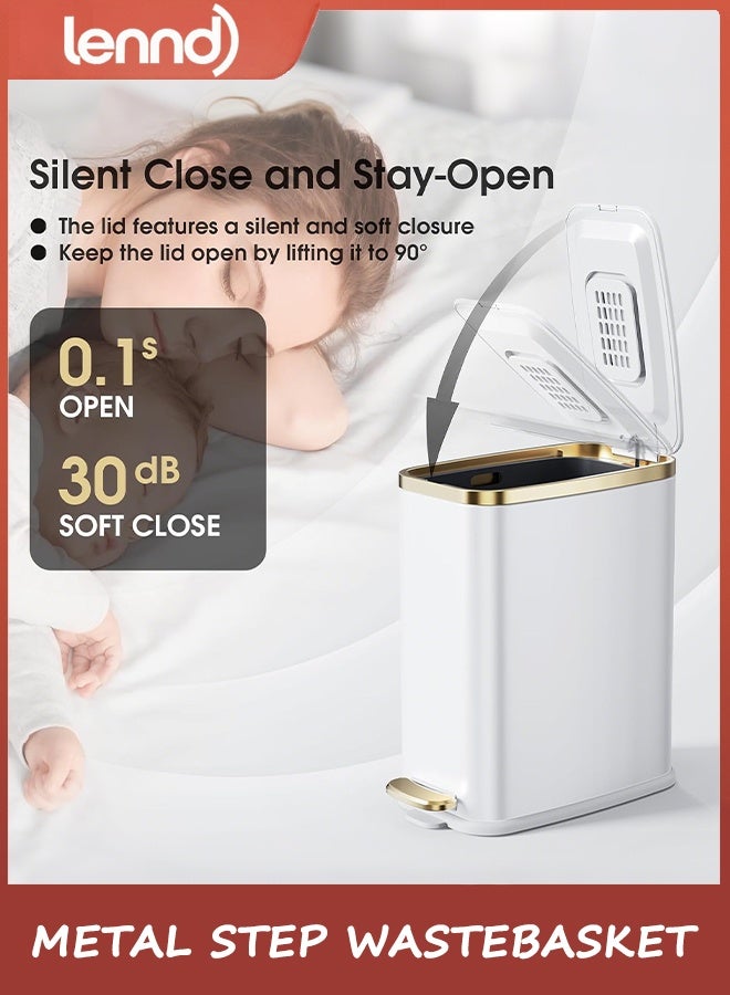 لينند سلة مهملات حمام صغيرة من LENND مع غطاء ناعم الإغلاق - سلة مهملات رفيعة سعة 5 لتر/1.3 جالون - سلة مهملات معدنية مستطيلة الشكل ضيقة للمكتب وغرفة النوم والمرحاض وغرفة المعيشة (أبيض) - Image 3