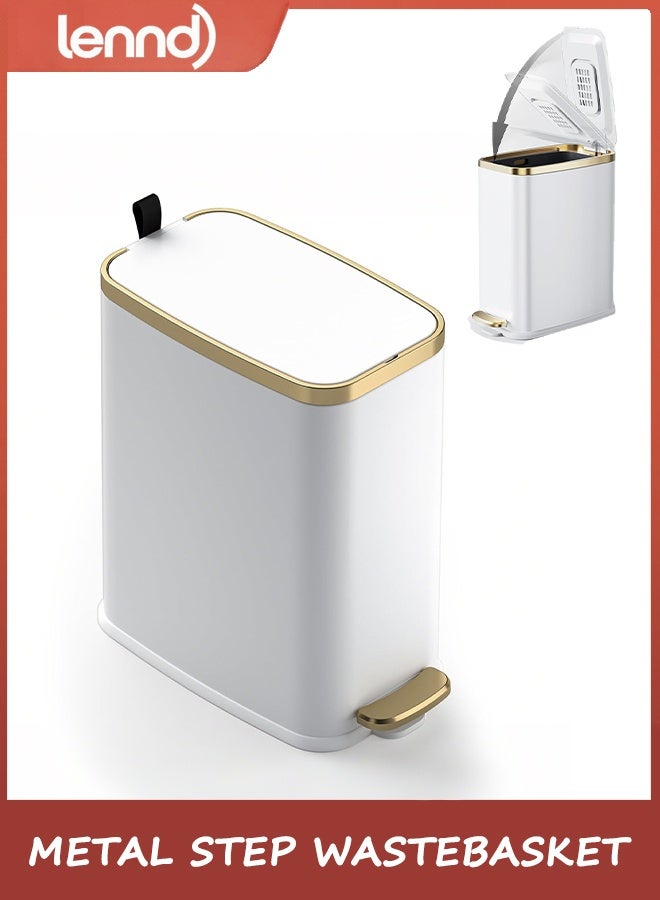 لينند سلة مهملات حمام صغيرة من LENND مع غطاء ناعم الإغلاق - سلة مهملات رفيعة سعة 5 لتر/1.3 جالون - سلة مهملات معدنية مستطيلة الشكل ضيقة للمكتب وغرفة النوم والمرحاض وغرفة المعيشة (أبيض) - Image 1