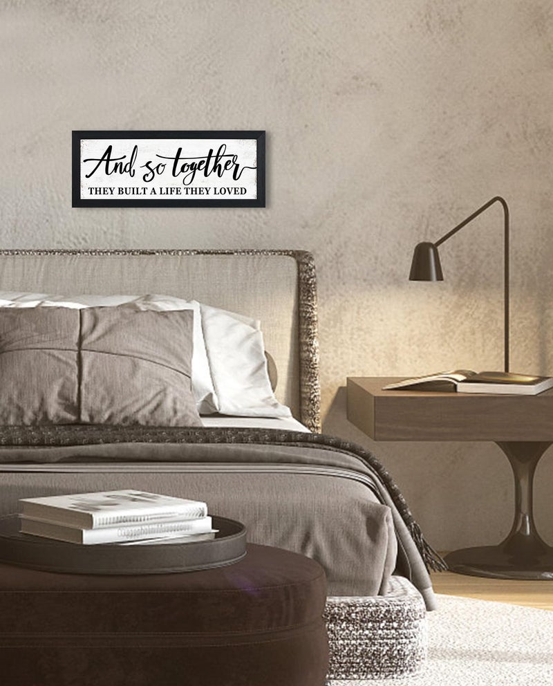 1 KINGO And So Together They Built A Life They Loved Sign Above Bed Wall Decor:Love Quotes Wall Art Black Frame Rustic Farmhouse Bedroom Signs for Couples Modern Master Bedroom Decor 6" X 15" - Image 2