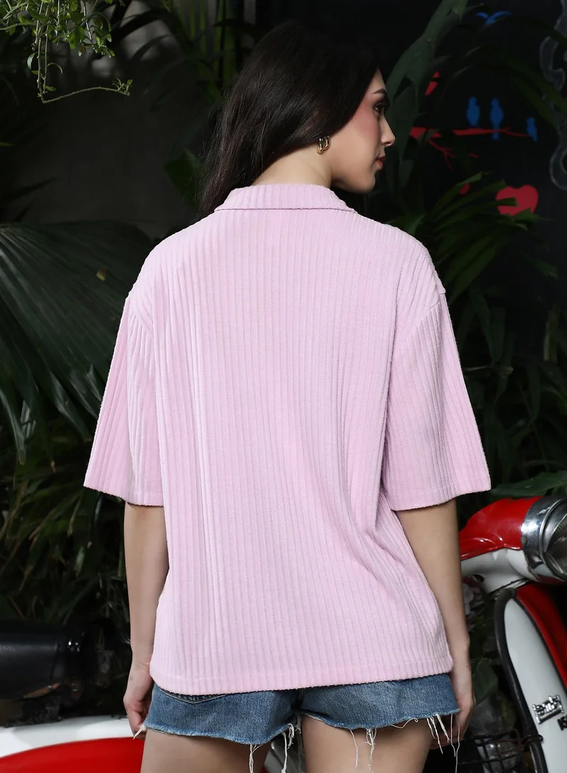 Pinacolada  Women's Light Rose Chunky-Ribbed Oversized Shirt for Women | Best Price UAE