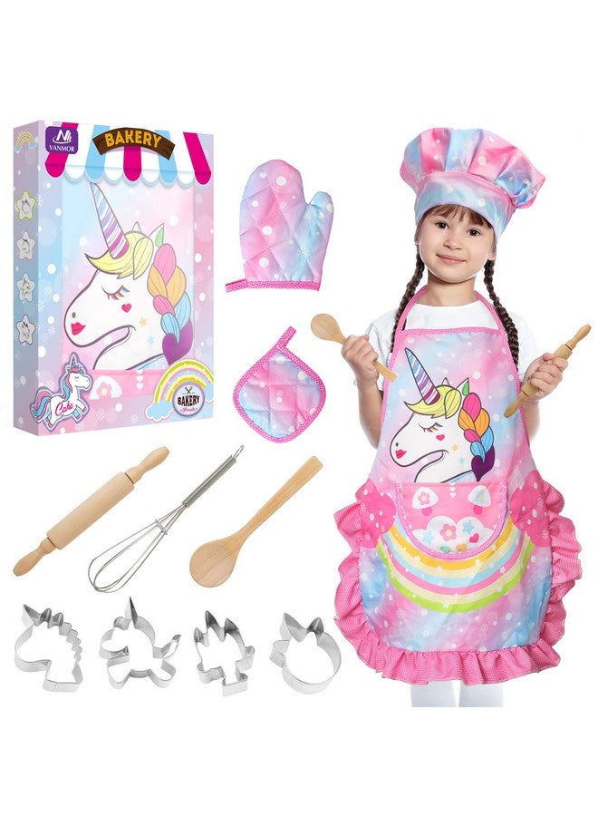 Vanmor Unicorn Kids Cooking And Baking Set Unicorn Kids Chef Hat And Apron Baking Sets For Children Age 3 8 Mitt & Utensil For Toddler Dress Up Chef Birthday Gifts For 3 4 5 6 7 8 Year Old Girl Pink - Image 1
