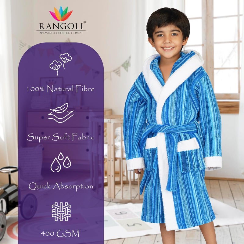 Rangoli Tonal 100% Cotton Hooded Bathrobe for Kids - Aqua, 400 GSM - Image 2
