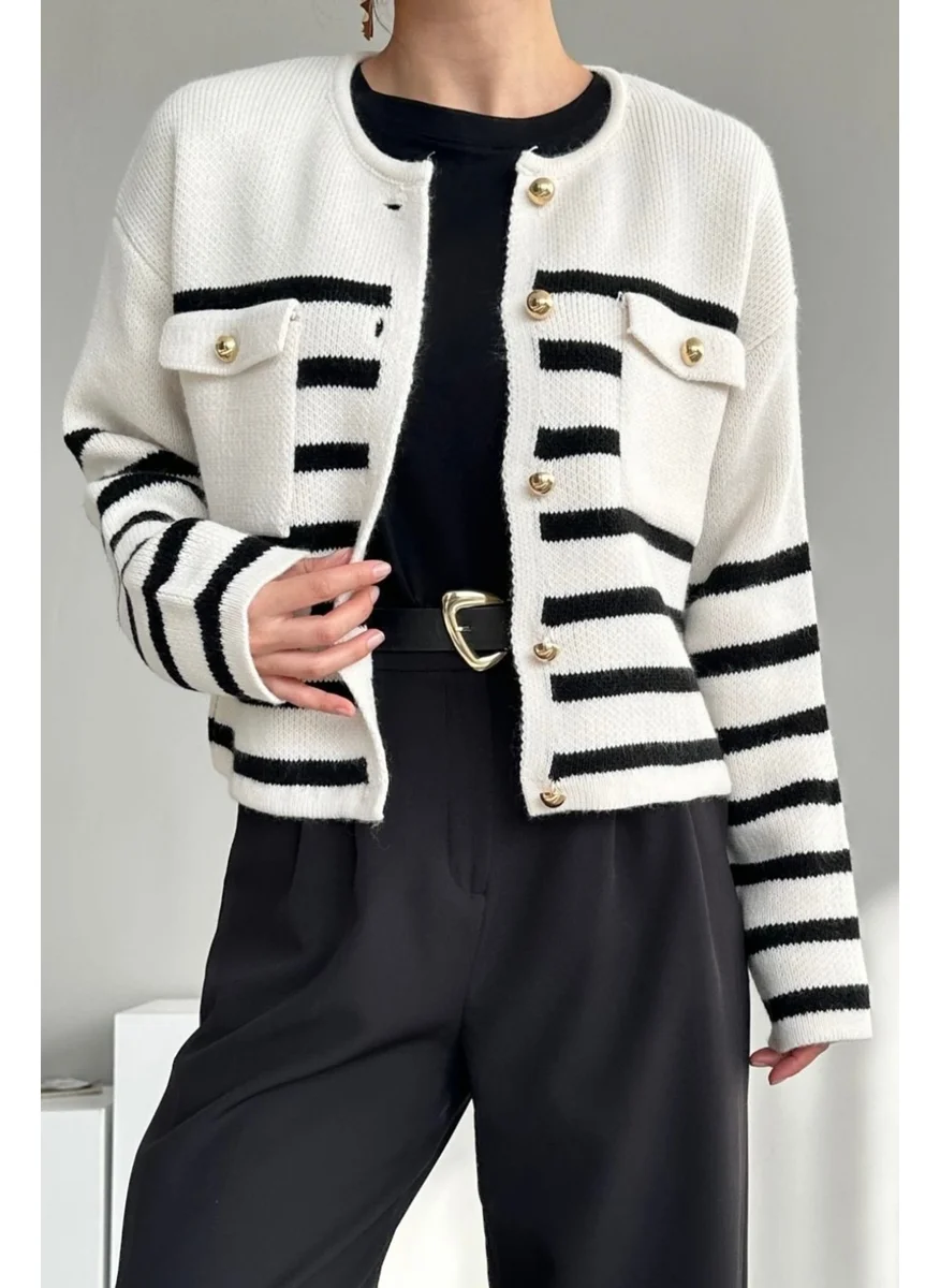 Ritnice Women's Milena Ecru Black Striped Double Pocket Gold Buttoned Cardigan