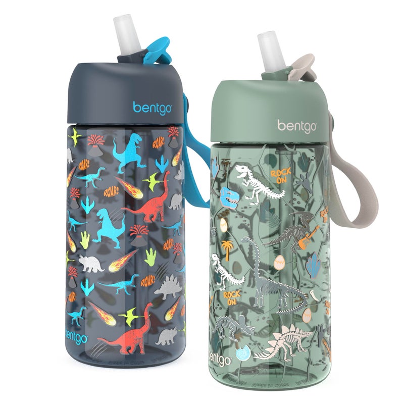 Bentgo Kids Water Bottle 2-Pack - Leak-Proof, Durable Tritan, BPA-Free 15 oz. Cup for Kids/Toddlers Ages 3+, Safe Sip Spout, & Dishwasher Safe for School/Sports/Daycare/Camp (Dinosaur/Dino Fossils) - Image 1