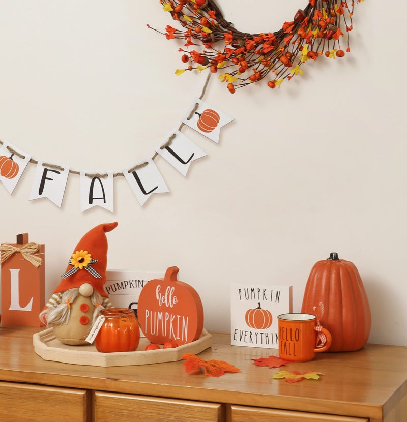 NEWLIGHTURE Fall Tiered Tray D?Cor Set Of 5  Wood Sign  Gnome Plush  Harvest Pumpkin Wood Blocks Thanksgiving Table Decoration Sign For Home D?Cor Shelf Mantel - Image 4