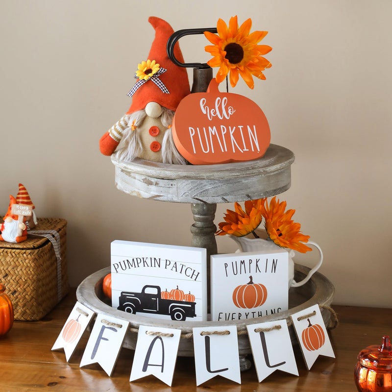 NEWLIGHTURE Fall Tiered Tray D?Cor Set Of 5  Wood Sign  Gnome Plush  Harvest Pumpkin Wood Blocks Thanksgiving Table Decoration Sign For Home D?Cor Shelf Mantel - Image 2