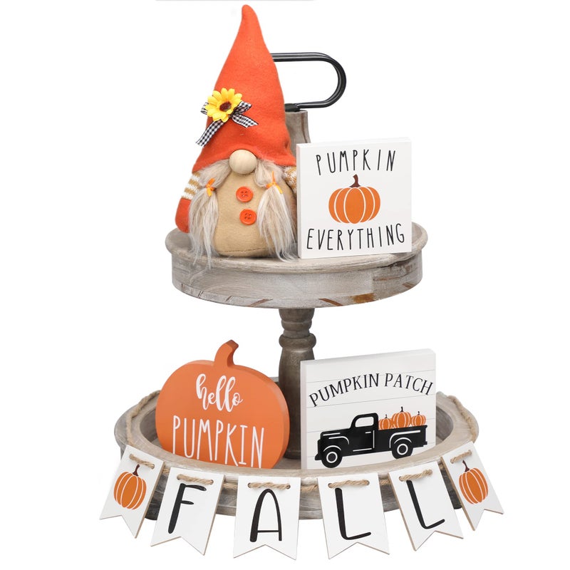 NEWLIGHTURE Fall Tiered Tray D?Cor Set Of 5  Wood Sign  Gnome Plush  Harvest Pumpkin Wood Blocks Thanksgiving Table Decoration Sign For Home D?Cor Shelf Mantel - Image 1