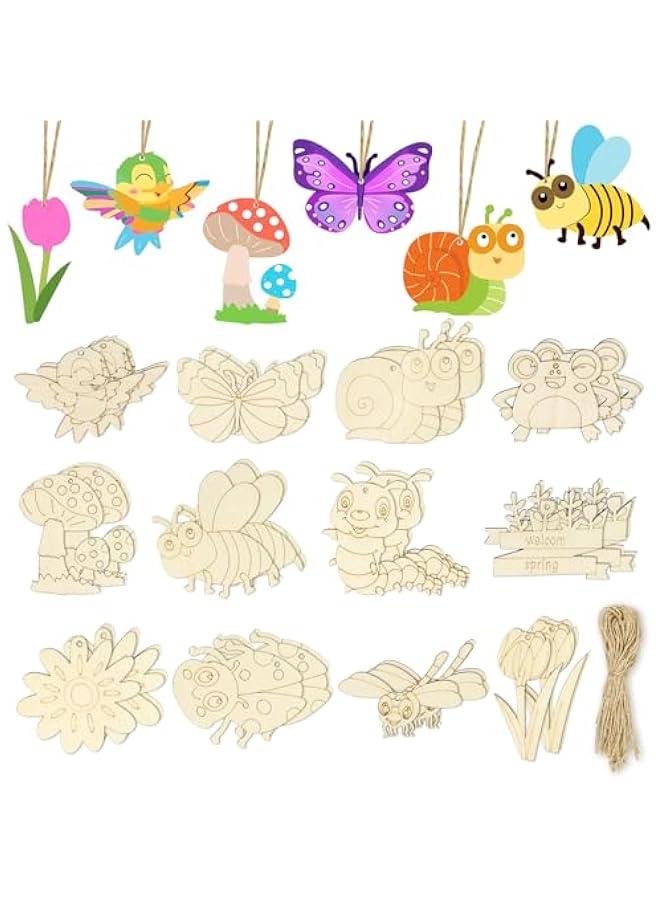 Arabest Unfinished Wood Crafts, 36 Pcs Wooden Crafts to Paint, 12 Styles Blank Wooden Spring Ornaments to Paint, erfly Dragonfly Snail Flower Shape for DIY Crafts Home Decoration Craft Project - Image 1