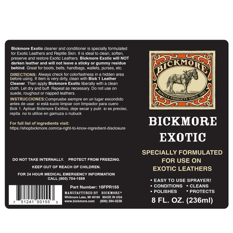 Bickmore بك مور إكزوتيك 8 أونص - رذاذ جلدي مصمم خصيصًا لتنظيف وتكييف وتلميع وحماية الجلود الغريبة وجلود الزواحف - Image 2