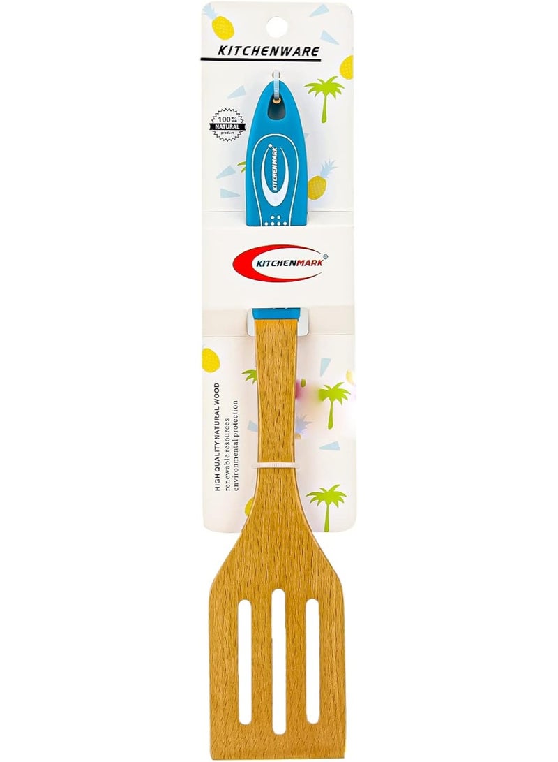 كيتشن مارك ملعقة تقليب خشبية مشقوقة من كيتشن مارك، 13 بوصة، مصنوعة من الخشب الطبيعي، بمقبض سيليكون طويل، مثالية للتقديم والخلط، من مستلزمات المنزل والمطبخ. - Image 1