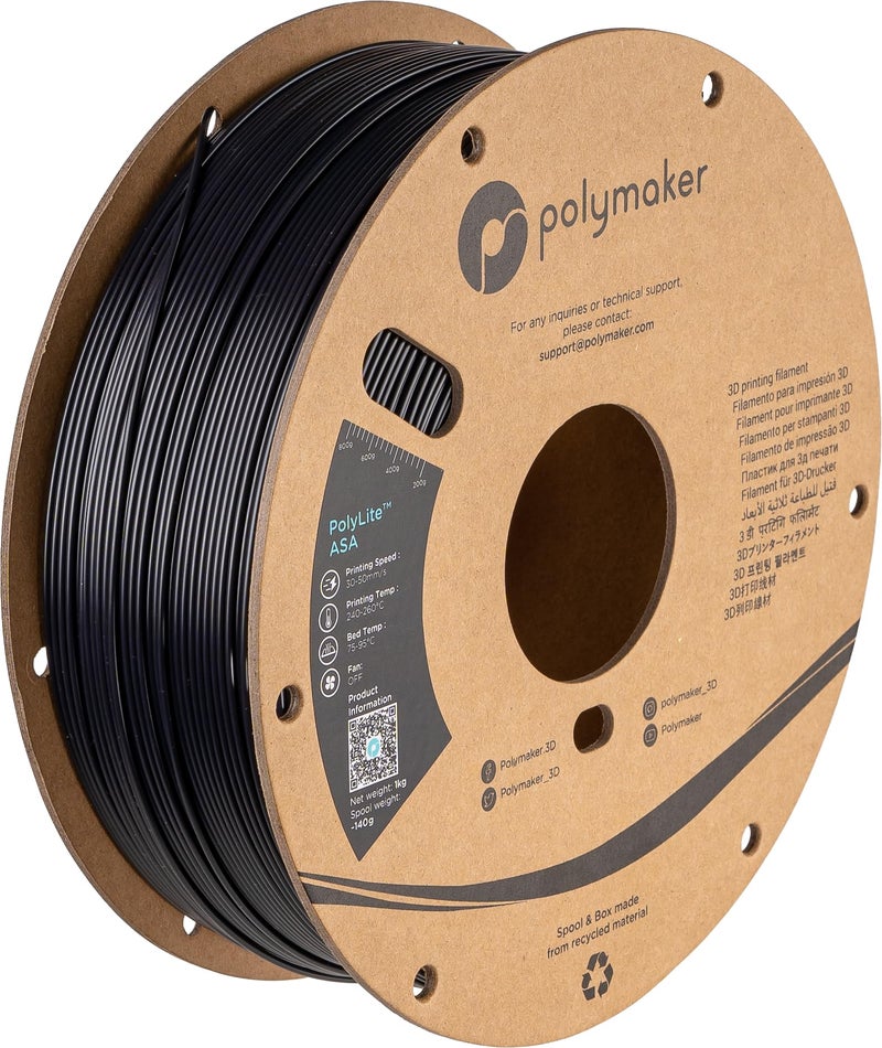 Polymaker ASA Filament 1.75mm Black, 1kg ASA 3D Printing Filament, Heat & Weather Resistant - ASA 3D Printer Filament Perfect for Printing Outdoor Functional Parts - Image 1