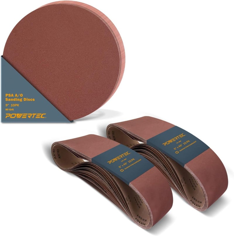 POWERTEC 30PK، 10 كل من 80/120 حبيبات، 6 × 48 بوصة أحزمة صنفرة مع 9 بوصة 80 حبيبة أقراص صنفرة PSA، ورق صنفرة أكسيد الألمنيوم لأجهزة الصنفرة الحزامية والأقراص (110532) - Image 1