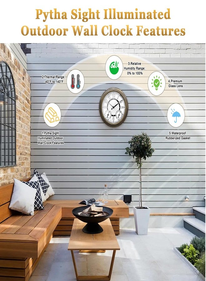Pytha Sight Illuminated Large Metal Outdoor Clocks Waterproof 15 Inches with AI Auto Light Smart Sensor,Large Indoor Outdoor Wall Clocks with Thermometer & Hygrometer for Patio, Pool, Garden,Porch - Image 3