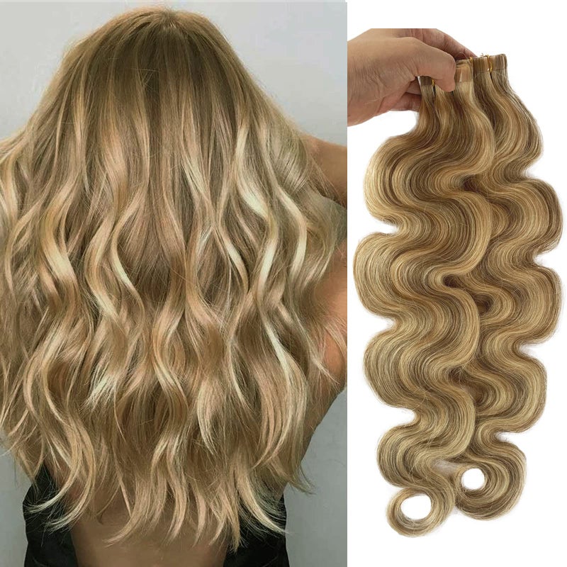 Tape in Hair Extensions 24 18 Ash Blonde to 613 Blonde Highlights Balayage Remy Human Hair 70g 20PcsPack Body Wavy Seamless Skin Weft Glue in Extensions