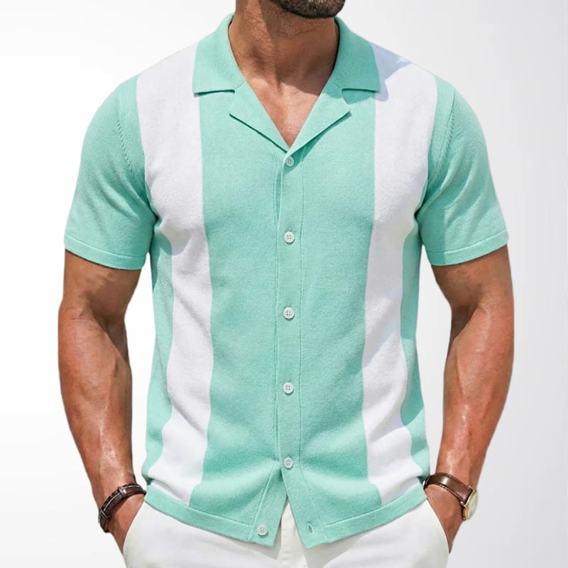 Men's Knitted Cardigan Summer Contrast Stripe Cuban Collar Short Sleeve Polo Shirt - Image 2
