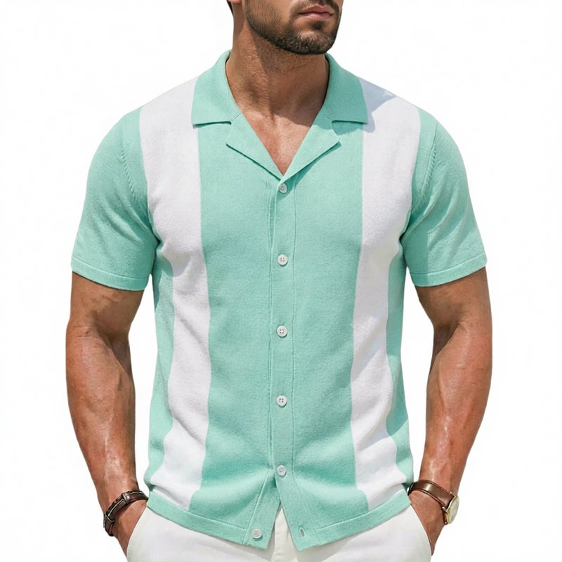 Men's Knitted Cardigan Summer Contrast Stripe Cuban Collar Short Sleeve Polo Shirt - Image 1