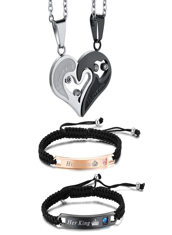 Cupimatch 2 Pairs Couple Matching Necklace Bracelets Set, Adjustable Stainless Steel Rhinestone I Love You Heart Puzzle Necklace His and Hers Bracelets CZ Bangle Jewelry for Valentine's Day - Image 1