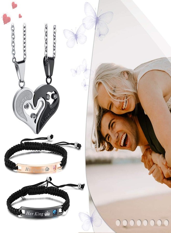 Cupimatch 2 Pairs Couple Matching Necklace Bracelets Set, Adjustable Stainless Steel Rhinestone I Love You Heart Puzzle Necklace His and Hers Bracelets CZ Bangle Jewelry for Valentine's Day - Image 2