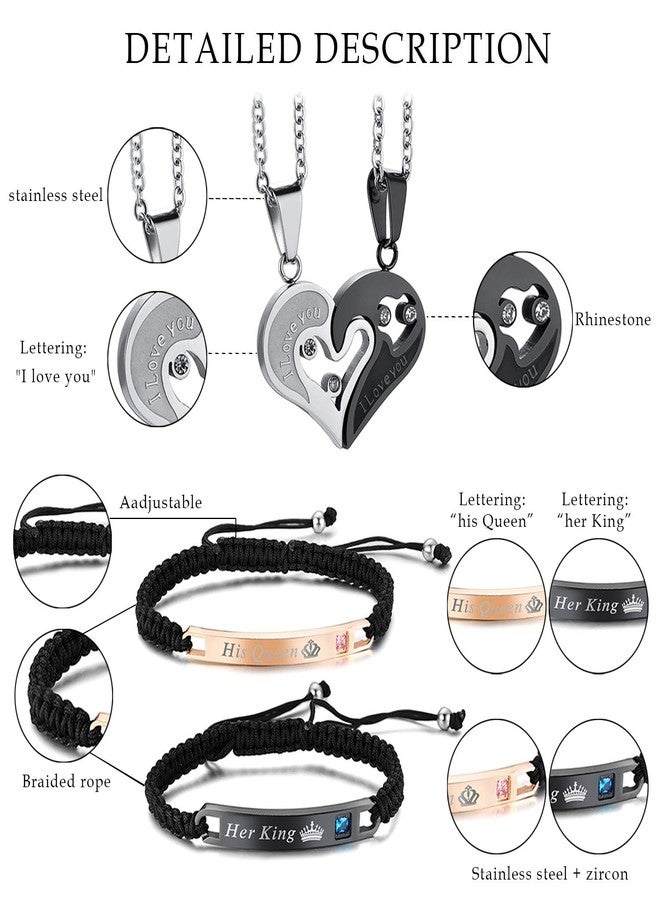 Cupimatch 2 Pairs Couple Matching Necklace Bracelets Set, Adjustable Stainless Steel Rhinestone I Love You Heart Puzzle Necklace His and Hers Bracelets CZ Bangle Jewelry for Valentine's Day - Image 3