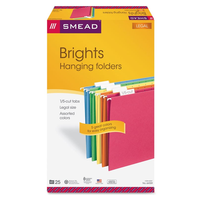 Smead Hanging File Folder with Tab, 1/5-Cut Adjustable Tab, Legal Size, Assorted Primary Colors, 25 per Box (64159) (Pack of 1) - Image 3