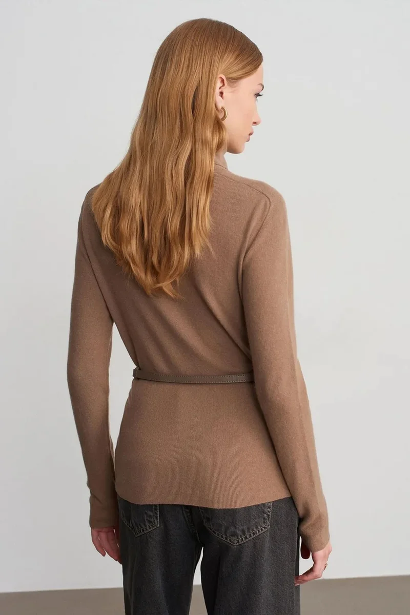 Dilvin Camel Brown DILVIN Women's Belted Turtleneck Knit Sweater for Women | Best Price UAE