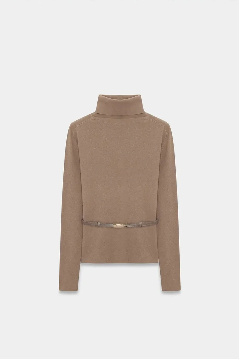 Dilvin Camel Brown DILVIN Women's Belted Turtleneck Knit Sweater for Women | Best Price UAE