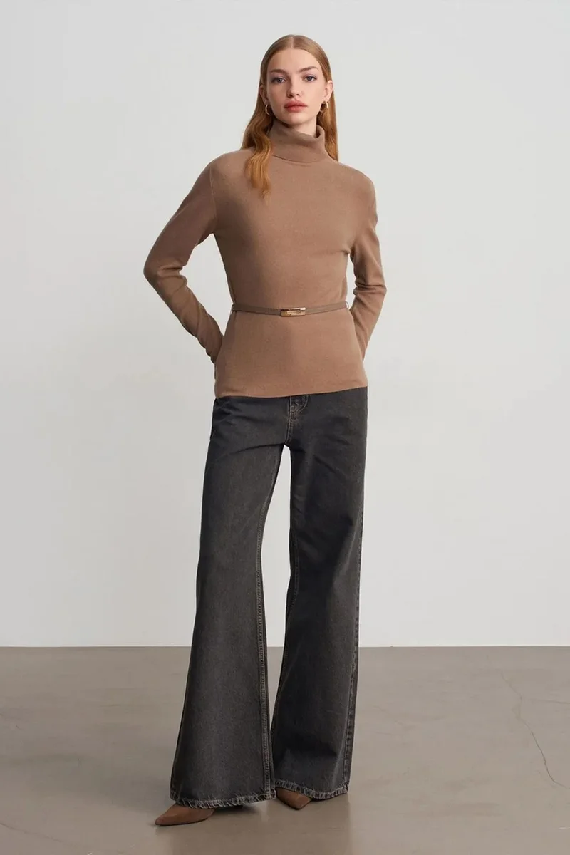 Dilvin Camel Brown DILVIN Women's Belted Turtleneck Knit Sweater for Women | Best Price UAE