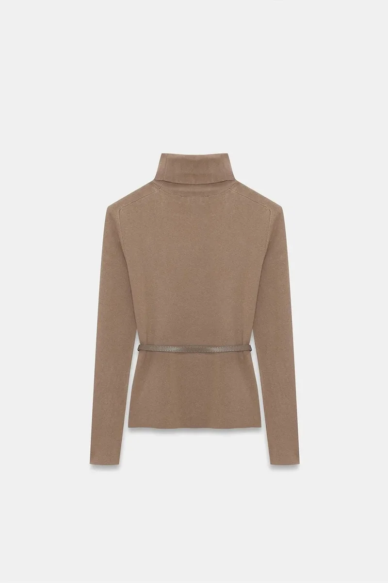 Dilvin Camel Brown DILVIN Women's Belted Turtleneck Knit Sweater for Women | Best Price UAE