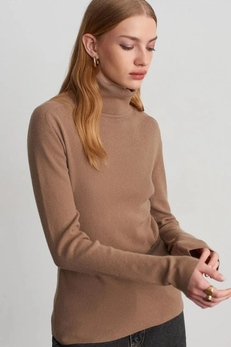 Dilvin Camel Brown DILVIN Women's Belted Turtleneck Knit Sweater for Women | Best Price UAE