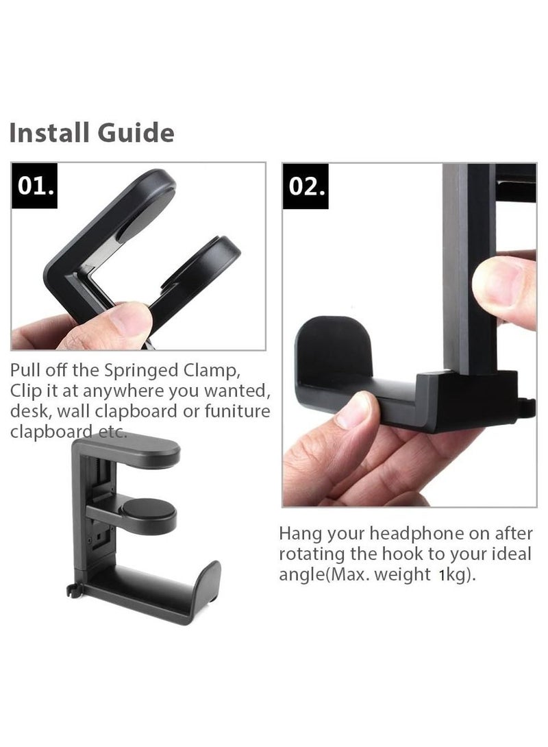 Headset Headphone Hook Holder Hanger Mount, Headphones Stand with Adjustable & Rotating Arm Clamp (Black) - Image 5