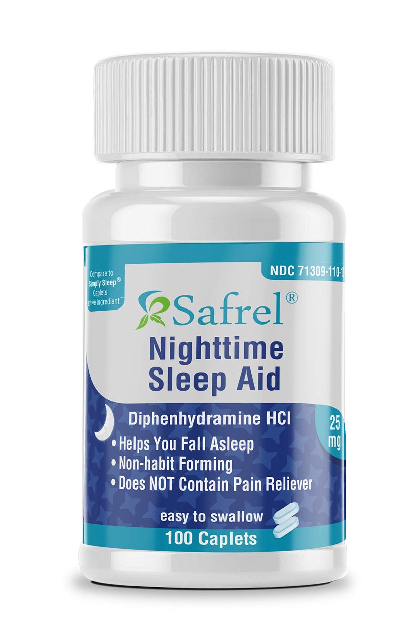 Safrel Nighttime Sleep Aid Diphenhydramine HCl 25mg Strong Non HabitForming Restful Sleeping Support for Men Women Fall Asleep Faster Wake up Refreshed 100 Count Pack of 1 100 Count