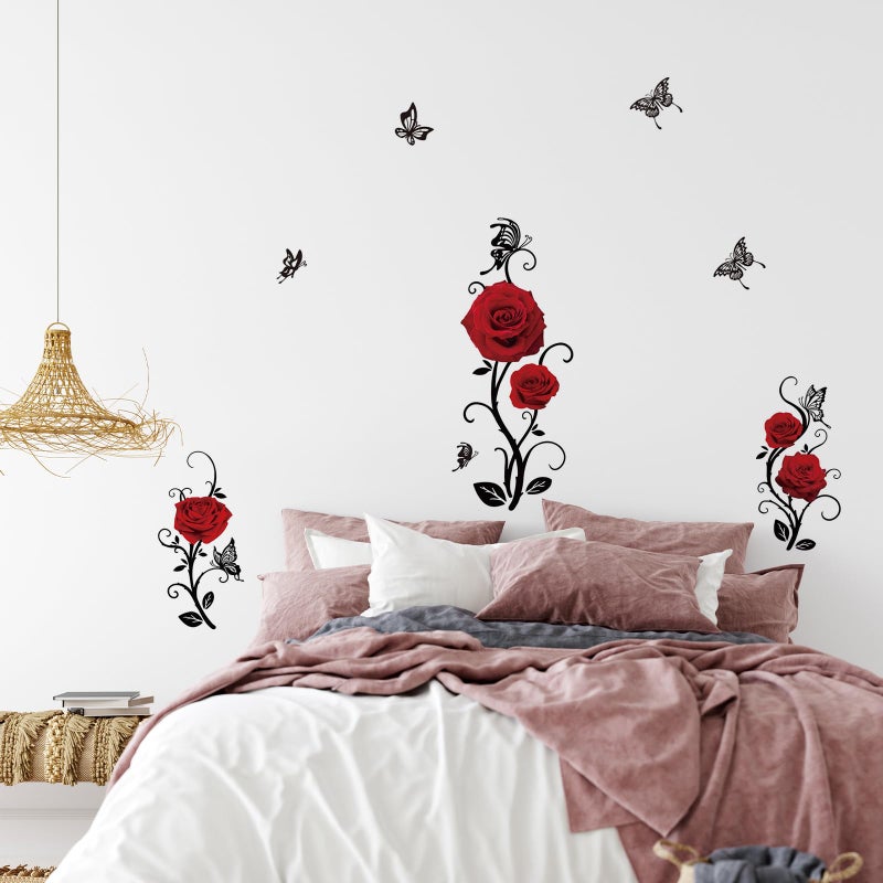 SUPERDANT Red Rose Wall Sticker Valentine's Day Flowers Butterfly Wall Decals Home Art Decor DIY Vinyl Mural for Bedroom Living Room Sofa Backdrop TV Background Wallpaper Decoration - Image 5
