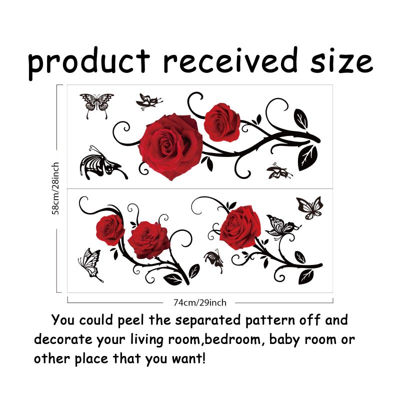 SUPERDANT Red Rose Wall Sticker Valentine's Day Flowers Butterfly Wall Decals Home Art Decor DIY Vinyl Mural for Bedroom Living Room Sofa Backdrop TV Background Wallpaper Decoration - Image 2