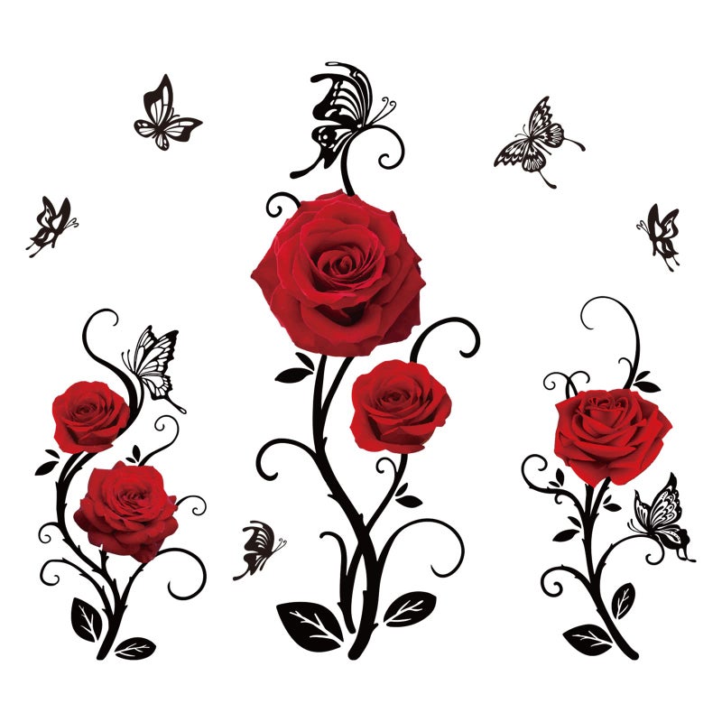 SUPERDANT Red Rose Wall Sticker Valentine's Day Flowers Butterfly Wall Decals Home Art Decor DIY Vinyl Mural for Bedroom Living Room Sofa Backdrop TV Background Wallpaper Decoration - Image 1
