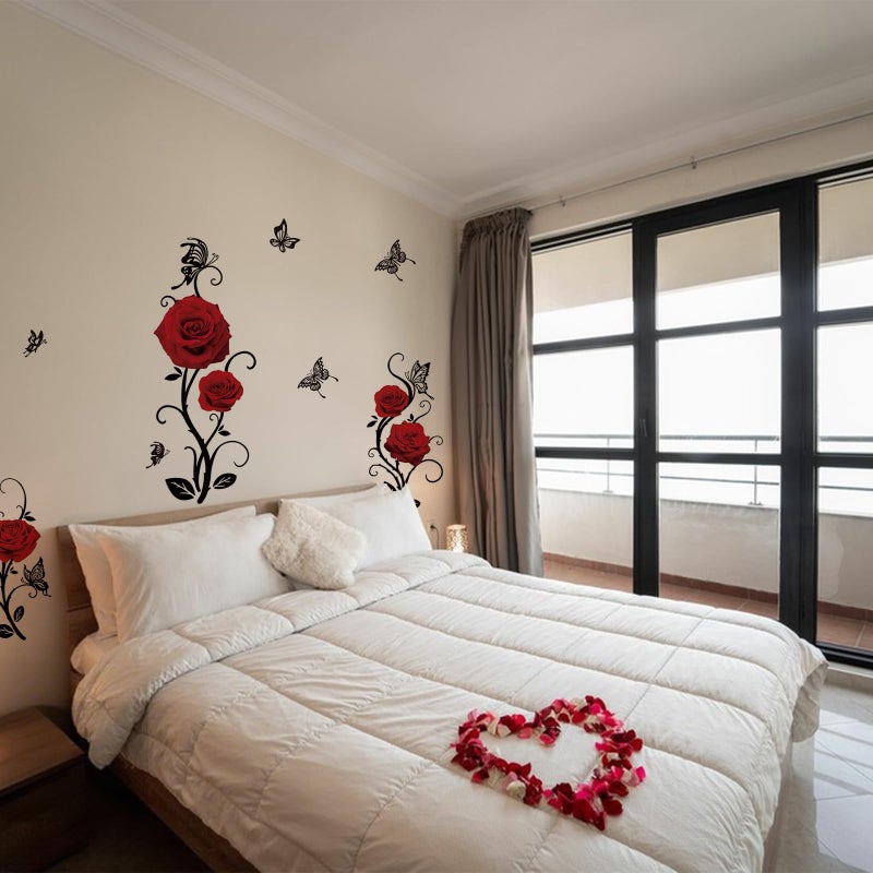 SUPERDANT Red Rose Wall Sticker Valentine's Day Flowers Butterfly Wall Decals Home Art Decor DIY Vinyl Mural for Bedroom Living Room Sofa Backdrop TV Background Wallpaper Decoration - Image 3