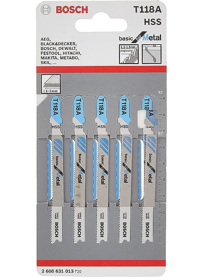 BOSCH T118A T-Shank Jigsaw Blades For Steel 17-24 Tpi (Pack Of 5) (2608631013) - Image 1